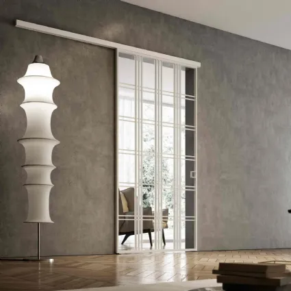 Porta per interni scorrevole esterno muro Glass Bianco Oregon in Vetro con profilo in alluminio di BiHome
