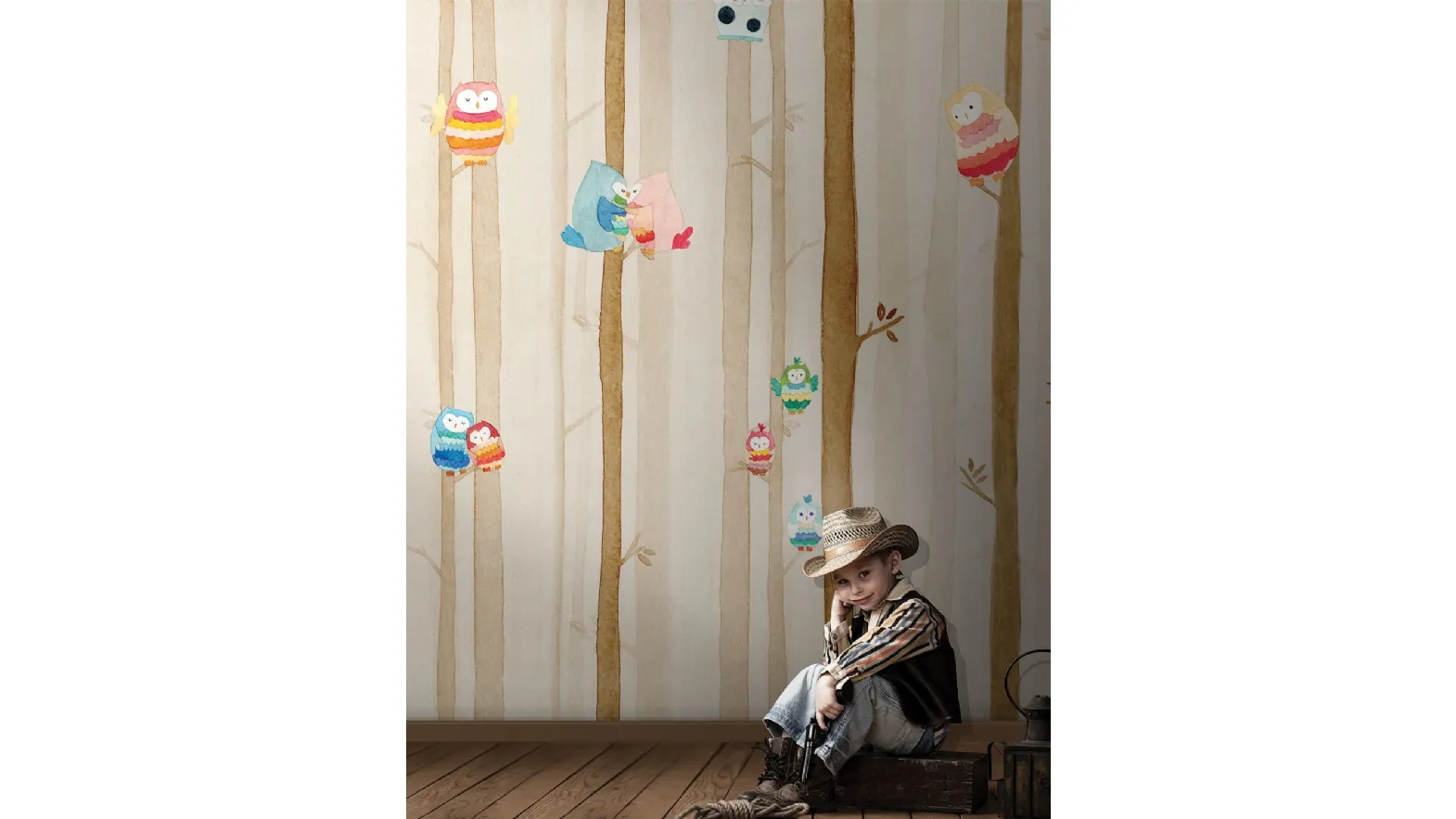 Carta da parati per camerette con gufetti colorati nel bosco Dakota di London Art