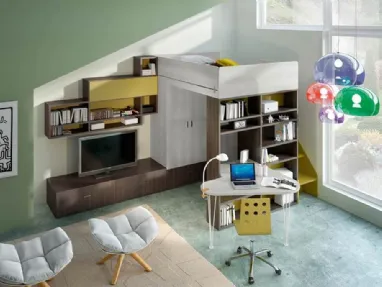 Cameretta per Ragazzi 705 A B a soppalco con zona living e zona studio in larice e olmo di Ferrimobili