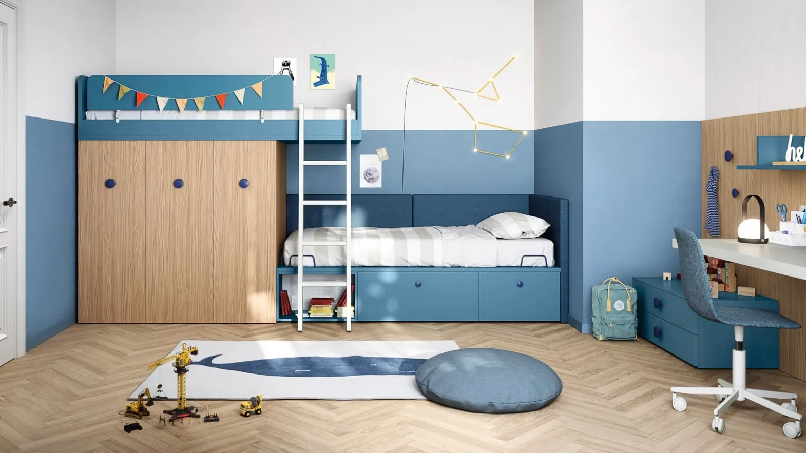 Cameretta con 2 letti a castello, cassettoni e armadio in legno Kids space 12 di Nidi