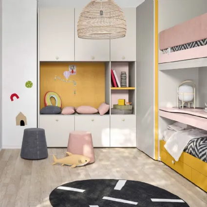 Cameretta con letti a castello, piano scrivania estraibile, armadio a muro Kids space 15 di Nidi