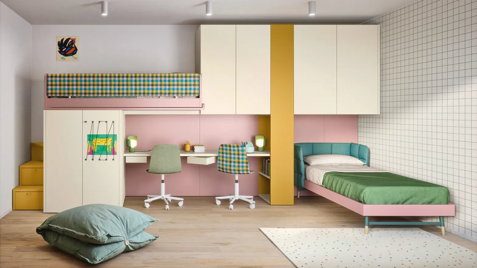 Cameretta in laccato opaco con letto ad angolo e a castello Kids space 16 di Nidi