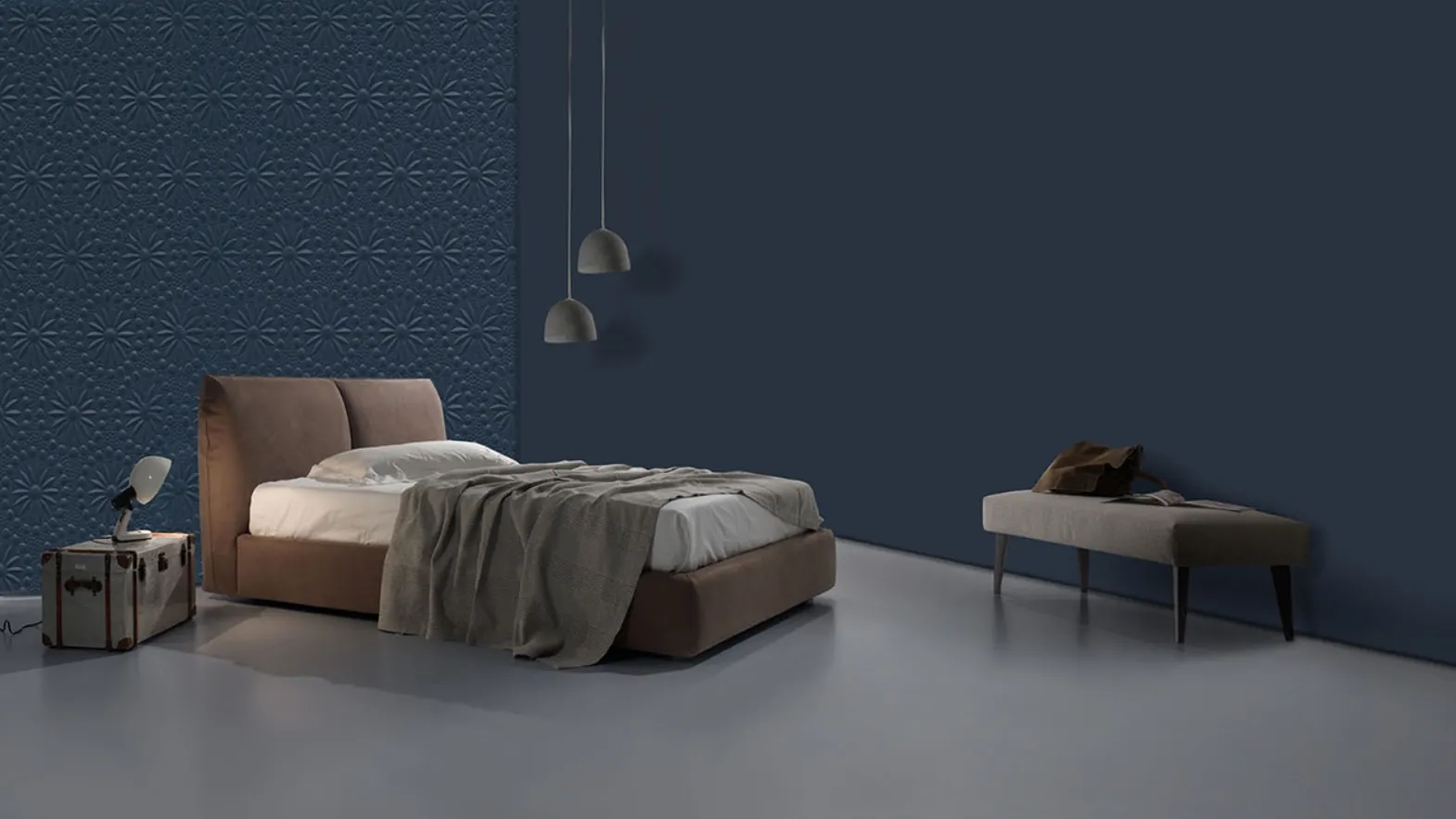 Letto imbottito in pelle scamosciata con giroletto Assido di Excò