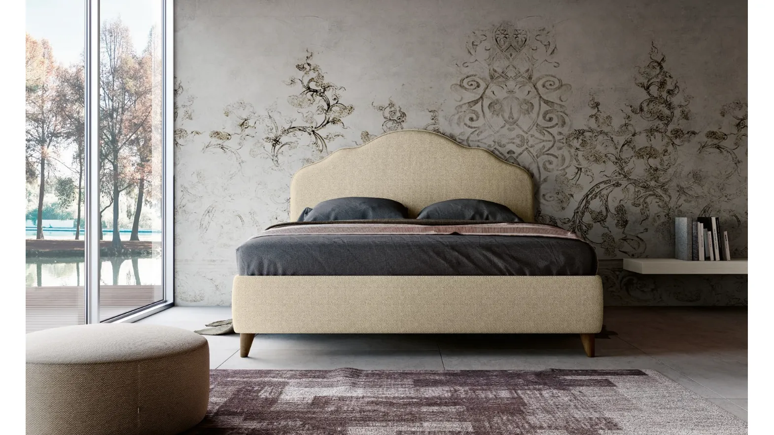 Letto dal design classico in tessuto imbottito con testiera sagomata Barcellona di Imab