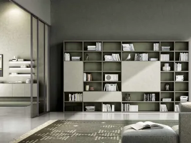 Libreria a muro Living 831 in laccato opaco e fimitura materica di Spagnol Mobili