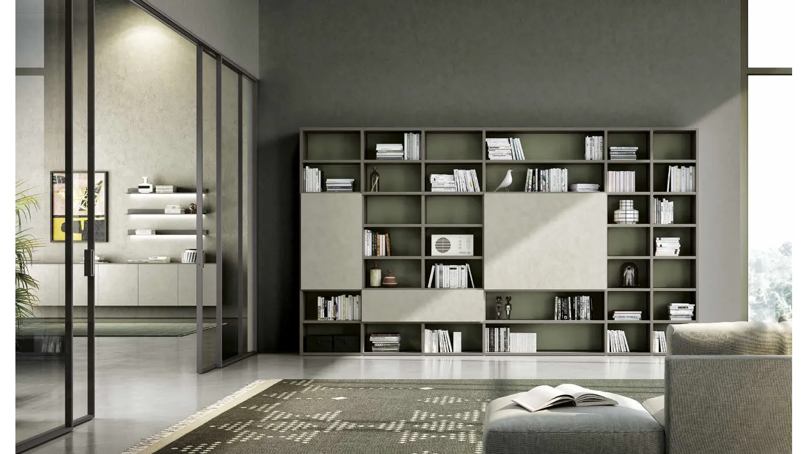 Libreria a muro Living 831 in laccato opaco e fimitura materica di Spagnol Mobili