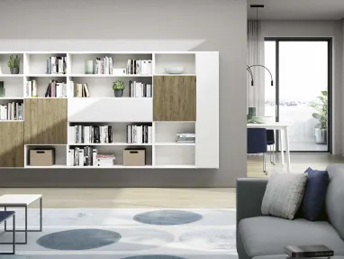 Libreria sospesa Living 845 in laccato Bianco e melaminico Rovere nodato di Spagnol Mobili