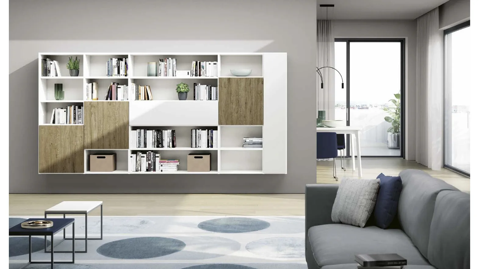 Libreria sospesa Living 845 in laccato Bianco e melaminico Rovere nodato di Spagnol Mobili