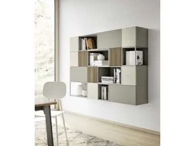 Libreria sospesa Living 856 Nordic in laccato, melaminico Noce e materico Touch Madreperla di Spagnol Mobili