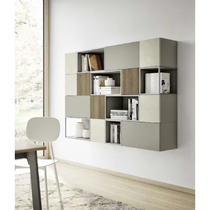 Libreria sospesa Living 856 Nordic in laccato, melaminico Noce e materico Touch Madreperla di Spagnol Mobili