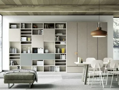 Libreria a muro Living 858 in materico Touch Sabbia, melaminico Noce Sider e laccato opaco Giada di Spagnol Mobili