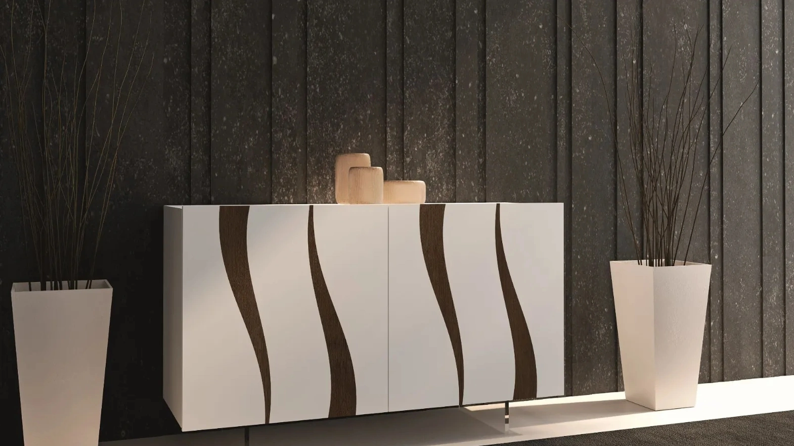 Madia Flame in laccato bianco opaco con inserti in rovere scuro di Fratelli Mirandola