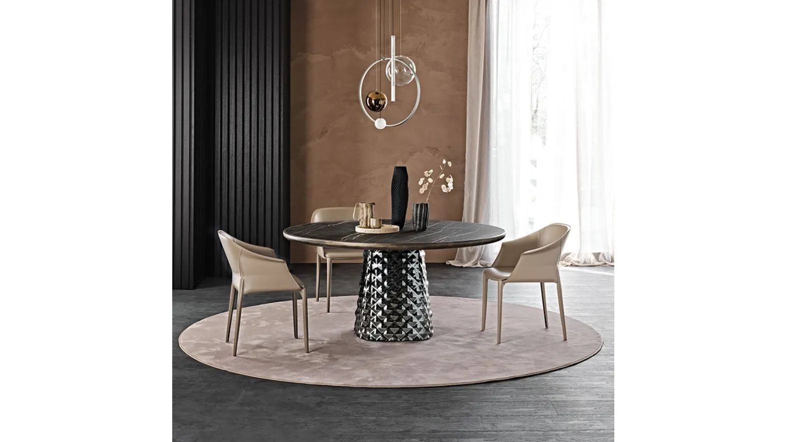 Tavolo con base in cristallo specchiato e piano in ceramica Atrium Keramik Premium Round di Cattelan Italia