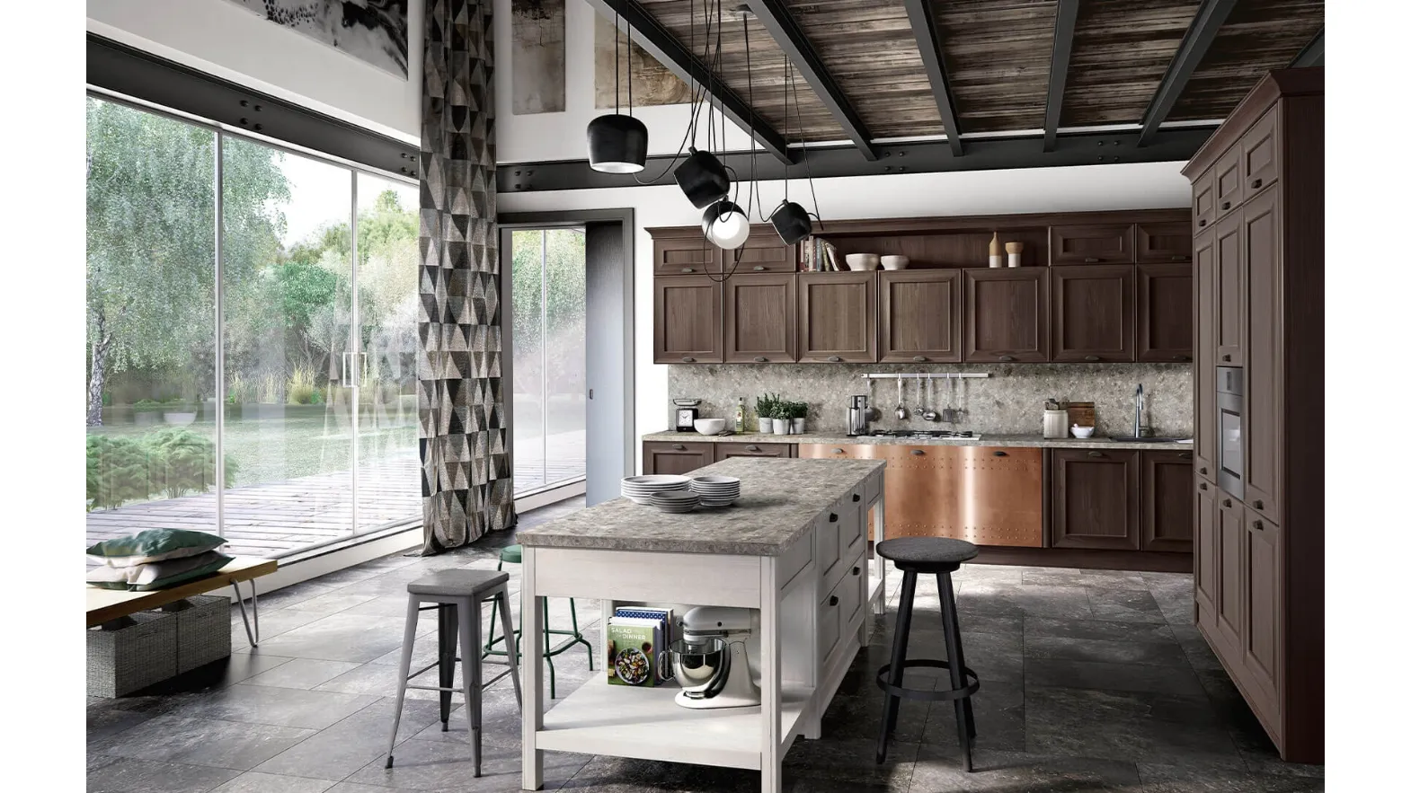 Cucina Classica ad angolo con isola Louisiana 04 finitura rovere cacao e rovere bianco di Spagnol Cucine