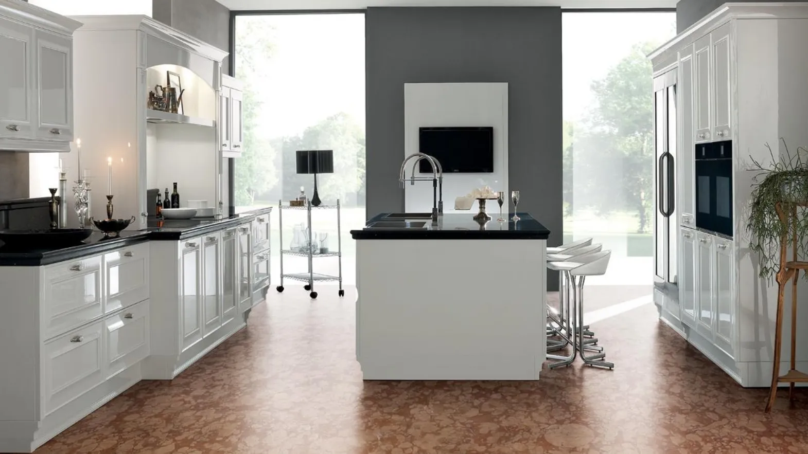 Cucina Classica con isola in laccato bianco lucido e top in pietra nera Q Elizabeth 03 di Spagnol Cucine