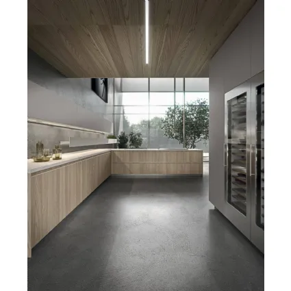 Cucina Design angolare in impiallacciato olmo con top in gres diamond cream Ak 05 TailorMade 03 di Arrital