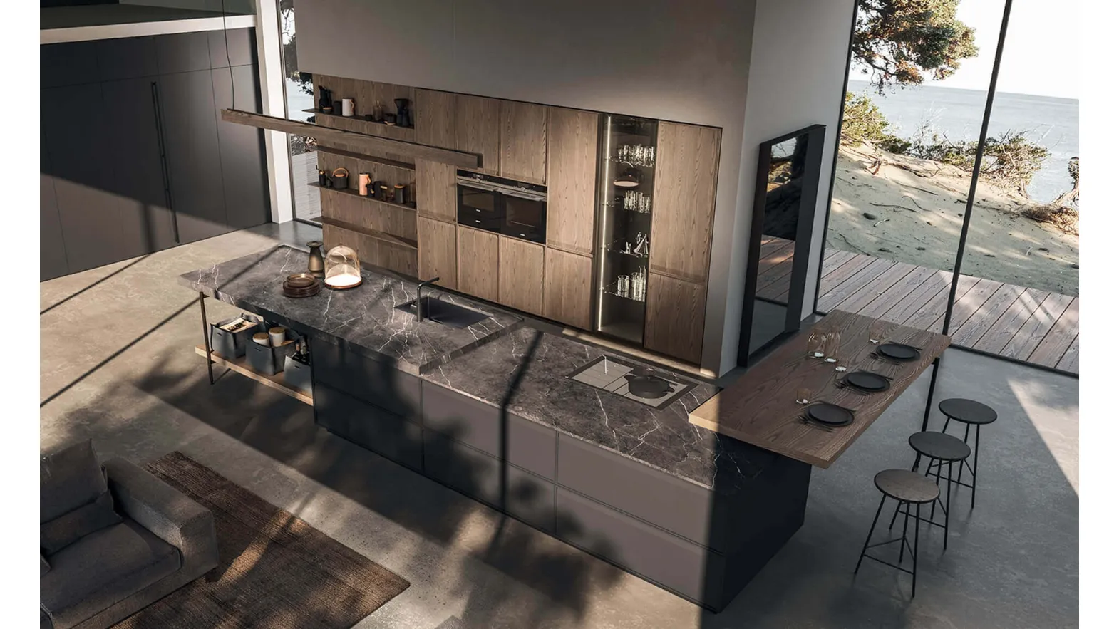 Cucina Design in laccato Ardesia con top in marmo pietra grey e penisola e colonne in castagno spazzolato Ak 07 01 di Arrital