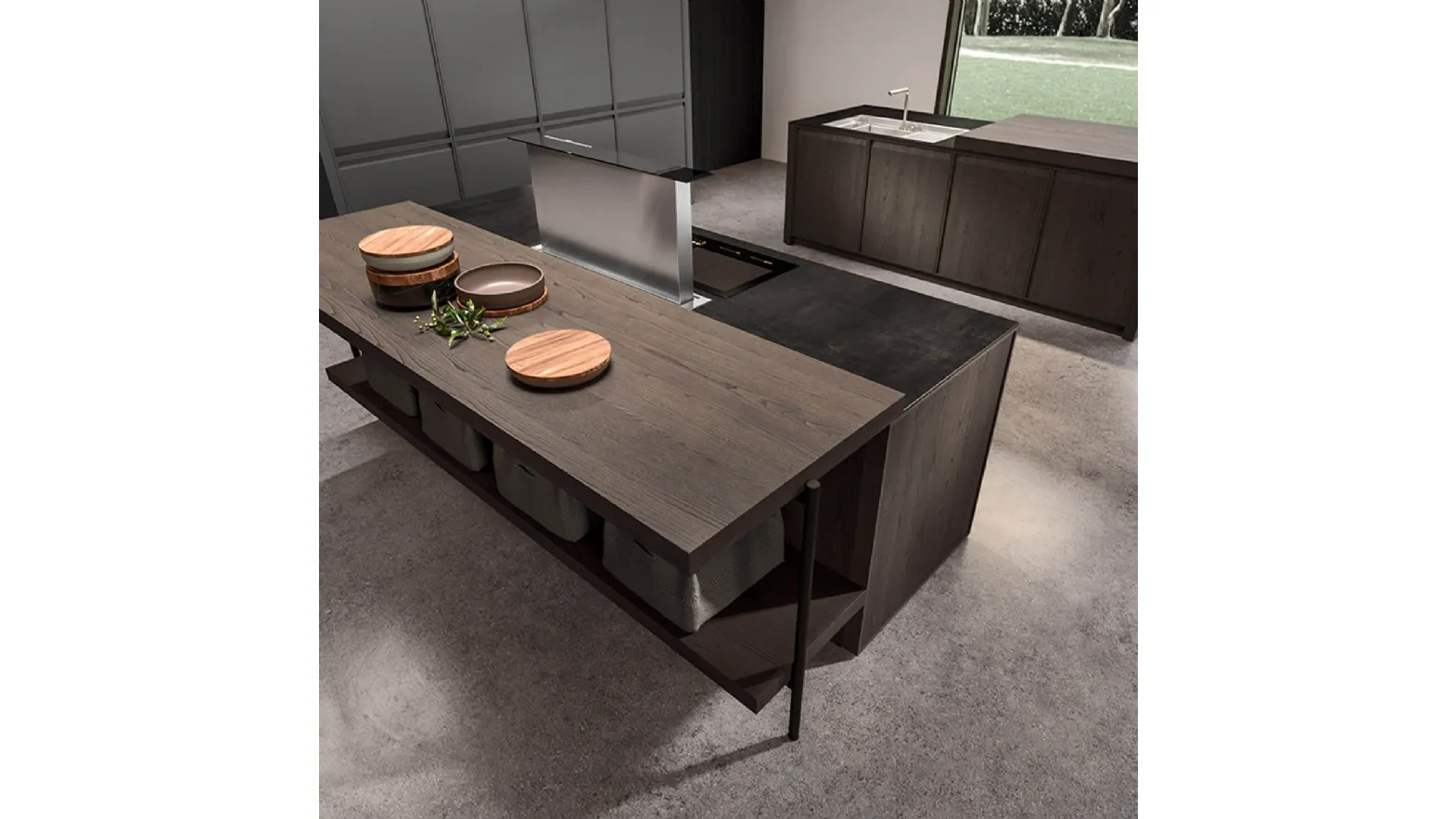 Cucina Design con doppia isola in castagno spazzolato e top in gres metallo black Ak 07 05 di Arrital