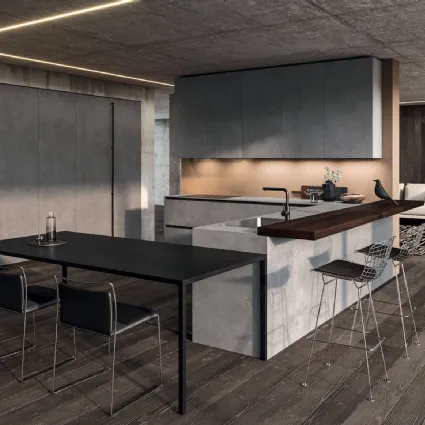 Cucina Design angolare in melaminico termostrutturato con penisola e top in laminato HPL Ak Project 07 di Arrital