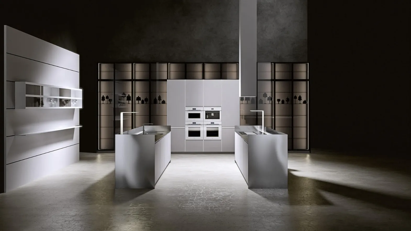 Cucina Design con doppia isola in laccato grigio chiaro e acciaio inox satinato AkB 08 05 di Arrital