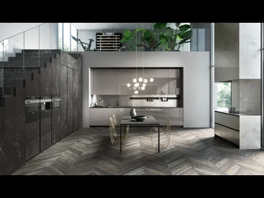 Cucina Design angolare Ak 04 02 in vetro lucido Grigio Londra e Laminam di Arrital