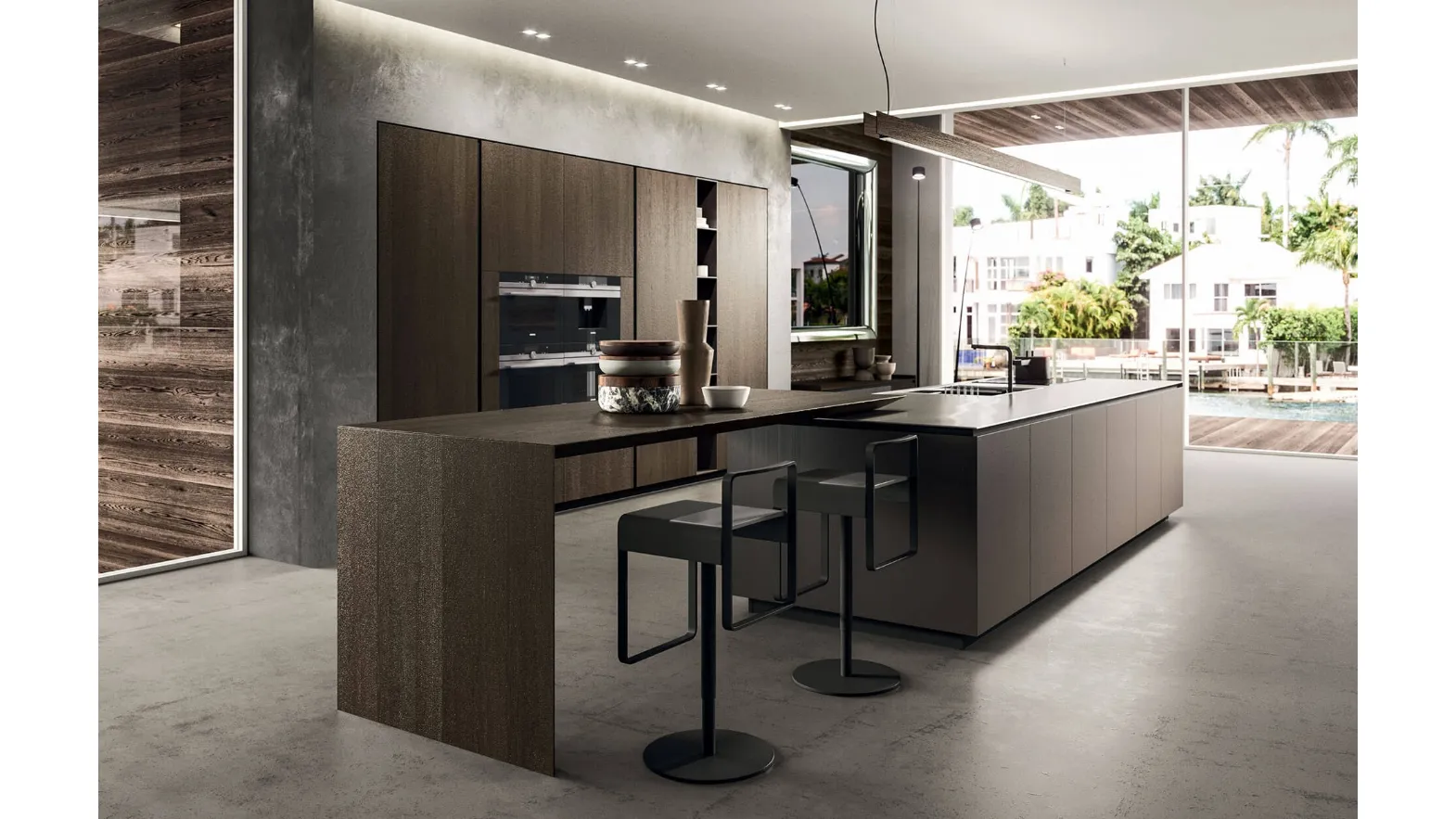 Cucina Design con isola Ak Project 09 in laccato metal Brown di Arrital