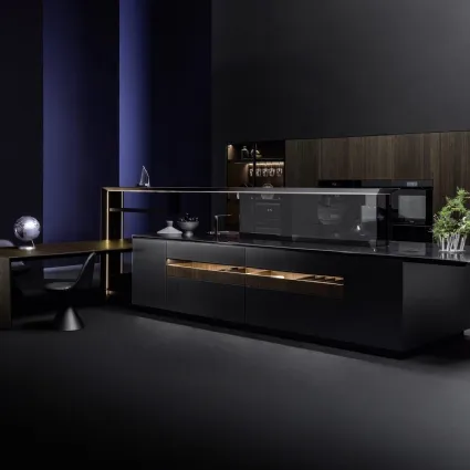 Cucina Design con isola Nautila 01 in laccato Texture 3d sand nero con top in acciaio inox di Arrital