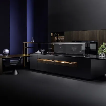 Cucina Design lineare Nautila 01 in laccato Texture 3d sand nero con top in acciaio inox di Arrital