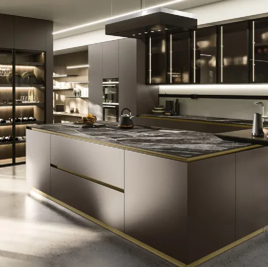 Cucina Design con isola Nautilia 05 in Fenix NTM grigio bromo e Rovere fumè di Arrital