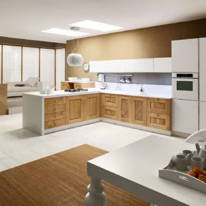 Cucina angolare in Muratura Carola in legno di Rovere naturale e Laccato Bianco lucido di Arrex