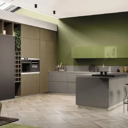 Cucina Moderna AL 32 08 in Fenix Grigio Londra e pensili in Vetro Verde Oliva di Arrex