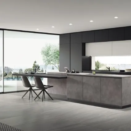 Cucina Moderna con isola AL 32 04 in HPL Cemento e Vetro opaco Nero di Arrex