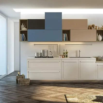 Cucina Moderna lineare in frassino laccato neve e in laccato lucido con piano in rovere Alabama 02 di Spagnol Cucine