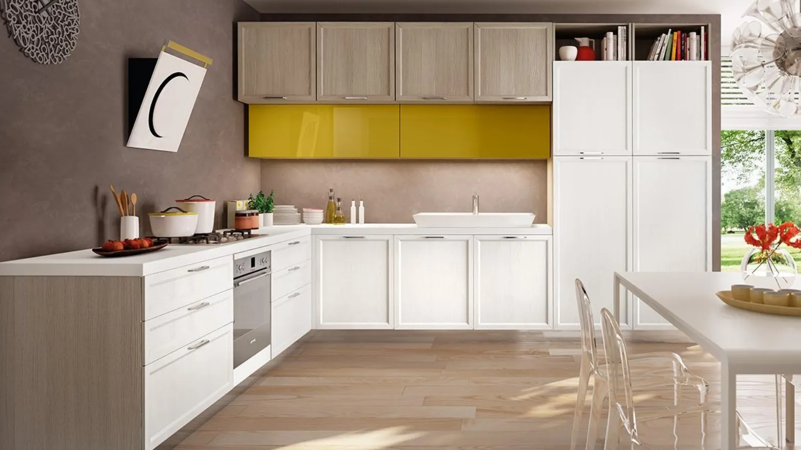 Cucina Moderna angolare in rovere spazzolato e in laccato lucido Avenue 23 03 di Spagnol Cucine