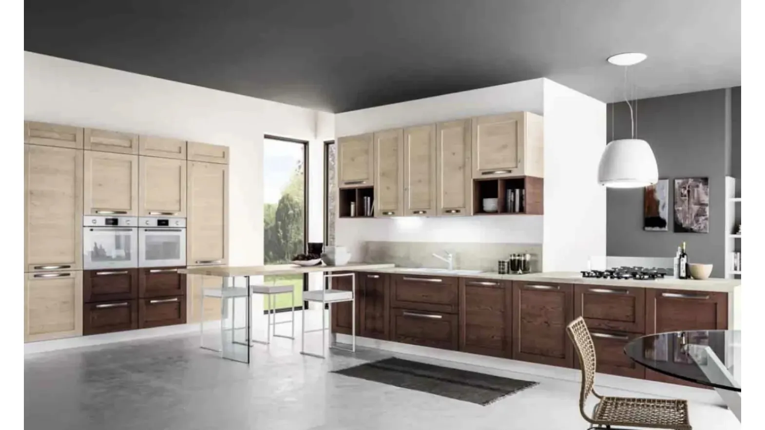 Cucina Moderna con penisola Curry 03 in Rovere Vinaccia e Talco di Arrex