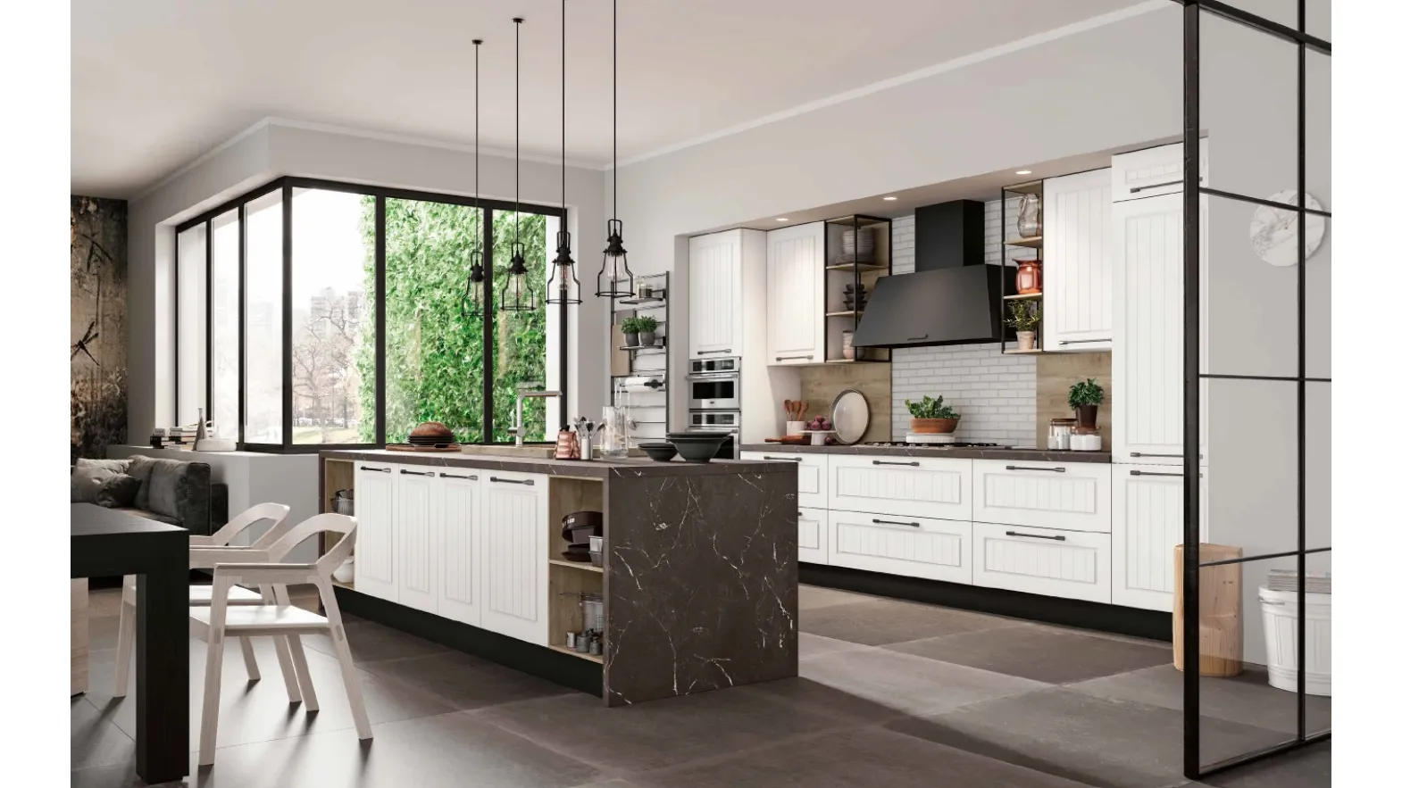 Cucina Moderna con isola in laccato opaco Bianco e Quercia con top in HPL effetto marmo Elba DM0627 di Imab