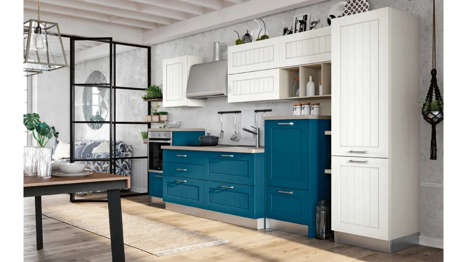 Cucina Moderna lineare con ante dogate in laccato opaco Bianco e Blu scuro con top in HPL Elba DM0636 di Imab