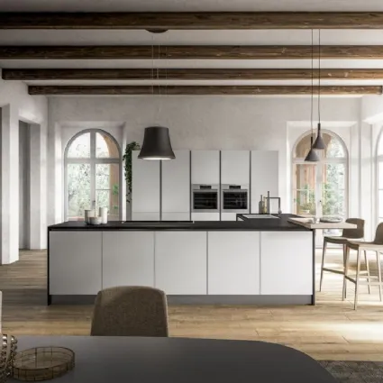 Cucina Moderna angolare con penisola Fenix in laminato Bianco Kos di Arrex