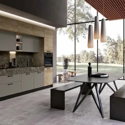 Cucina Moderna lineare Capri DM0659 in laccato opaco Grigio cenere e melaminico Quercia con top in HPL effetto marmo di Imab