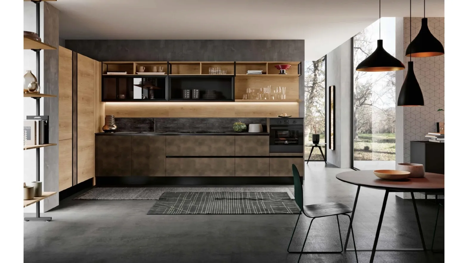 Cucina Moderna lineare in laminato effetto Ossido Brunito e Rovere decapato Panarea DM0657 di Imab