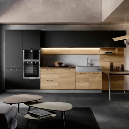 Cucina Moderna in melaminico Rovere chiaro e laccato Nero opaco con penisola Piana Caprera DM0667 di Imab