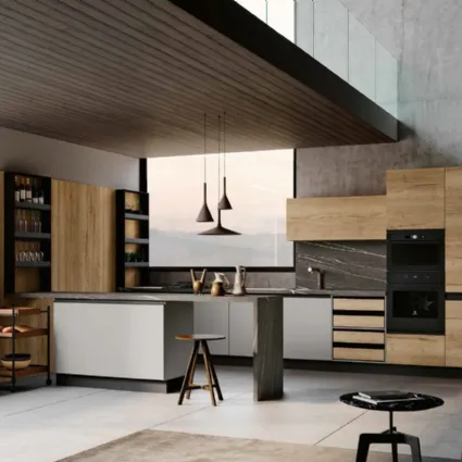 Cucina Moderna lineare in laccato opaco Grigio seta e Rovere chiaro Teia DM0673 di Imab