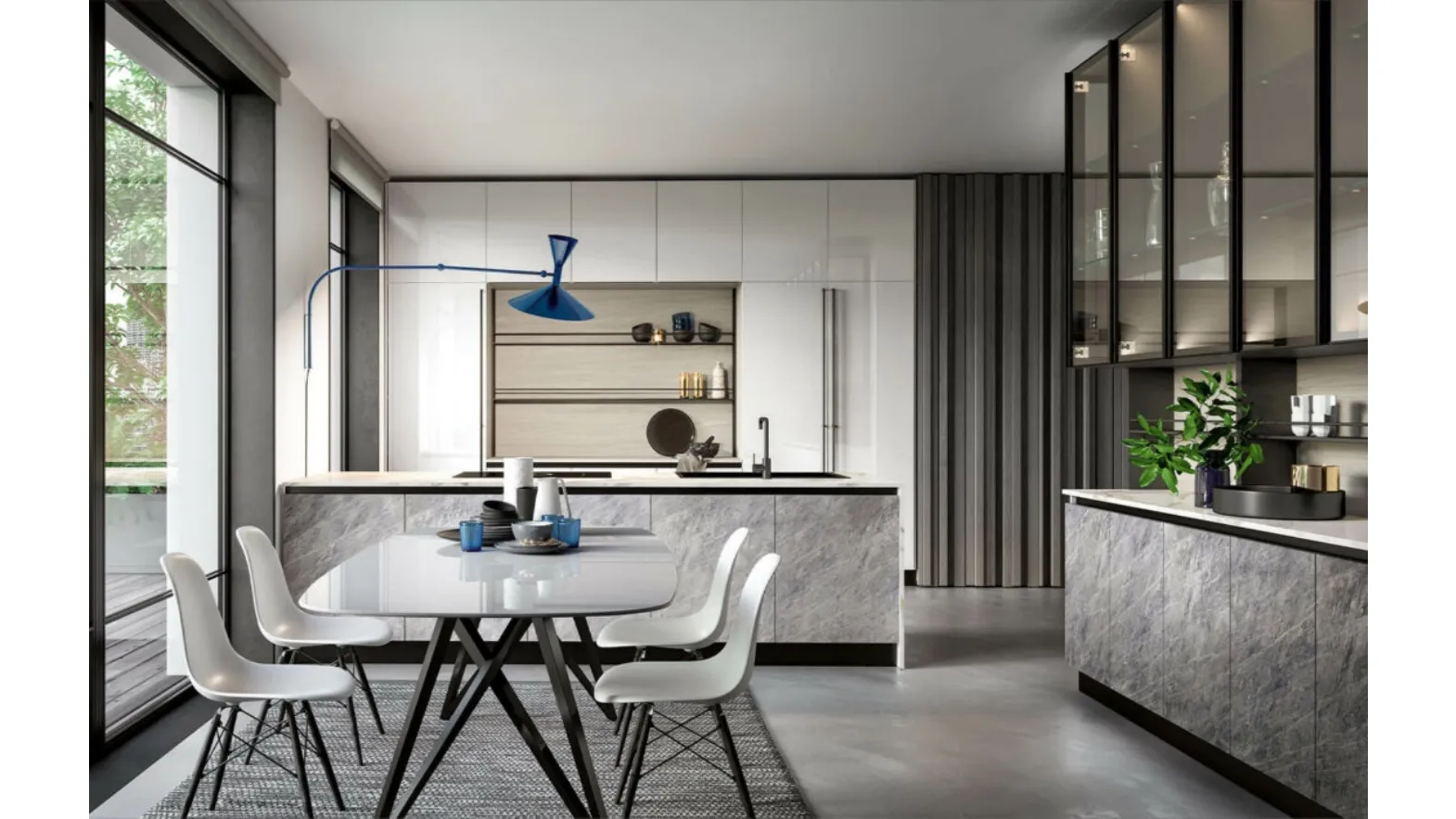 Cucina Moderna con penisola Maryland 05 in HPL Grey Stone e laccato lucido di Spagnol Cucine