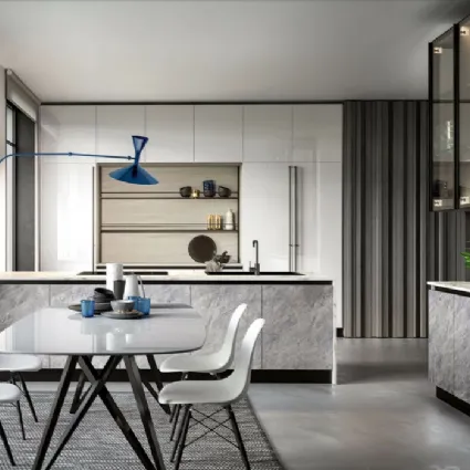 Cucina Moderna con penisola Maryland 05 in HPL Grey Stone e laccato lucido di Spagnol Cucine