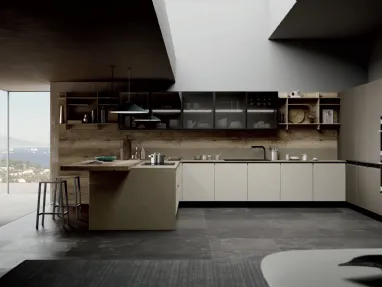Cucina Moderna angolare con penisola Murano DM0755 in laccato opaco Calce e Tortora e melaminico Rovere tabacco di Imab