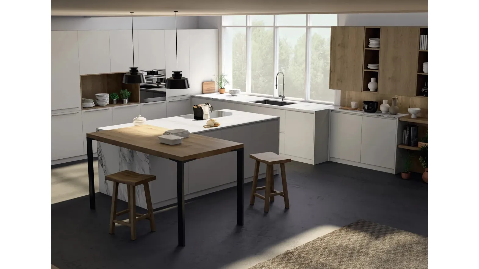 Cucina Moderna angolare con isola e penisola New Time e New Time Gola in legno naturale e laccato bianco di Fratelli Mirandola