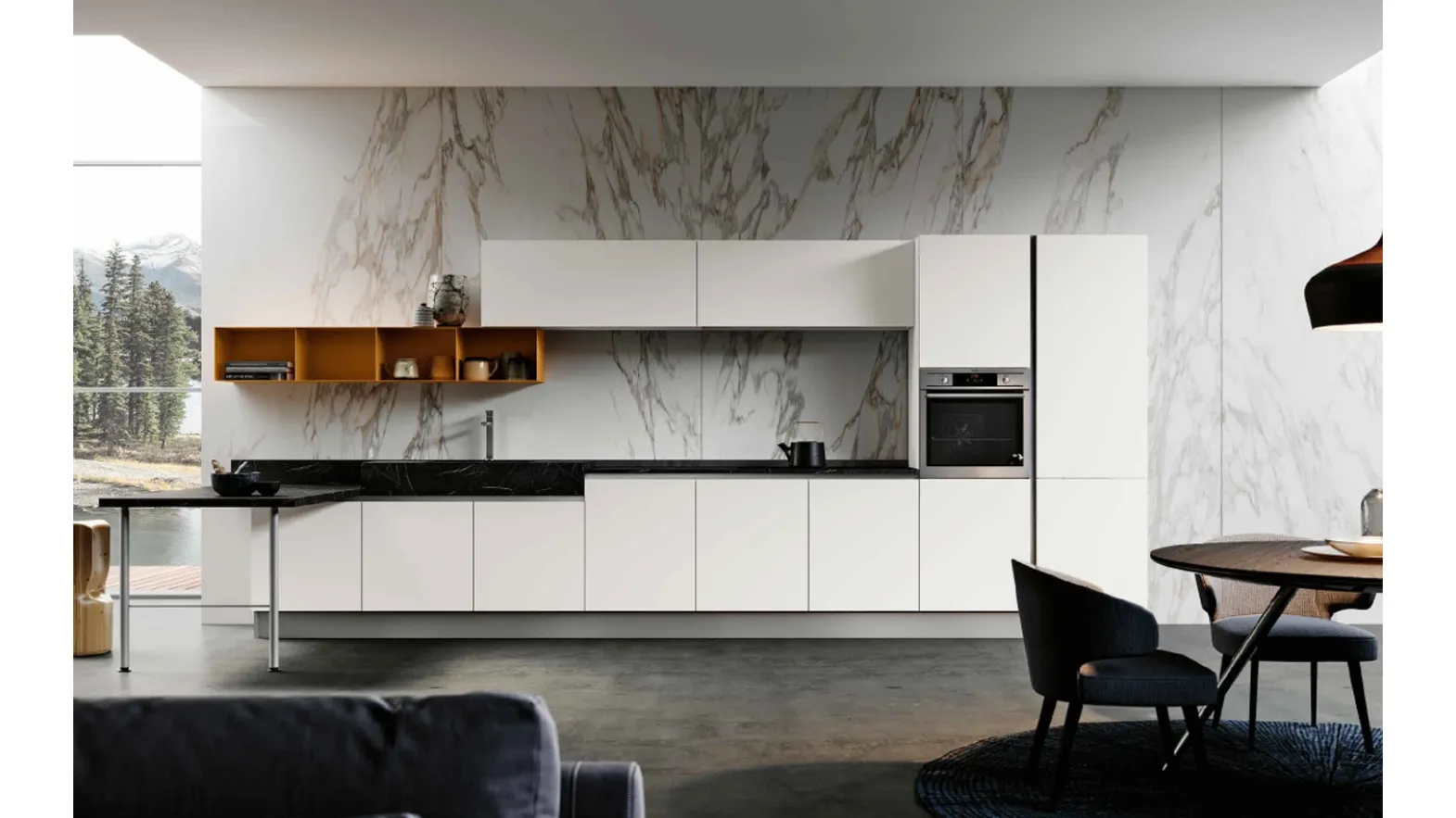 Cucina Moderna lineare in laccato bianco opaco e top in HPL effetto marmo Panarea DM0669 di Imab