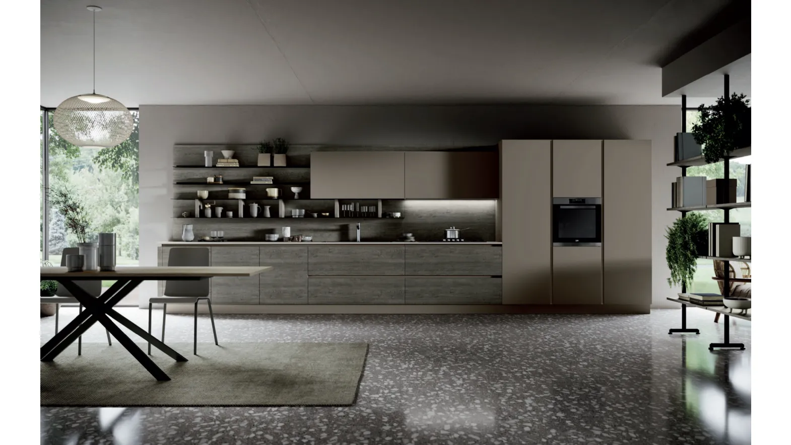 Cucina Moderna lineare Piana Tropea DM0753 in melaminico Rovere grigio, laccato Tortora opaco e top in laminato Graniglia chiara di Imab