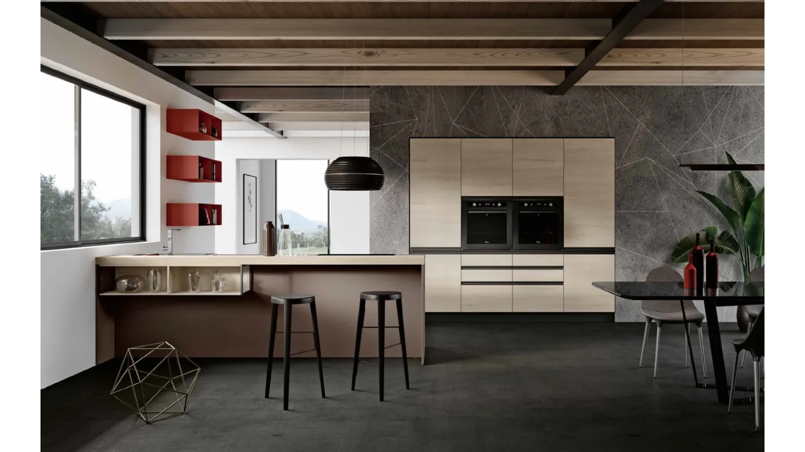 Cucina Moderna lineare in laccato opaco e melaminico Rovere sbiancato Positano DM0662 di Imab