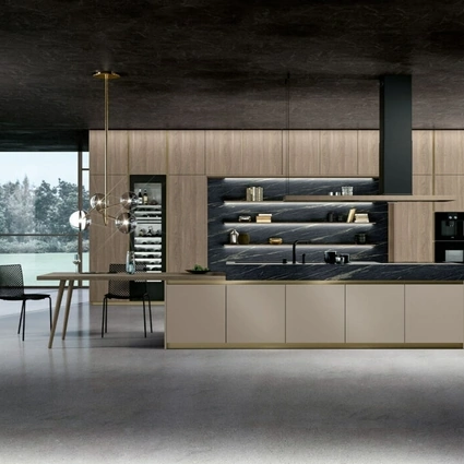 Cucina Moderna Vivere Italia 03 in finitura noce biondo e PET cashmere di Spagnol Cucine